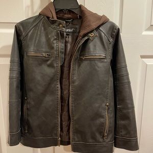 Boys G-III Faux Leather Jacket W/Hood.   Sz Large.
